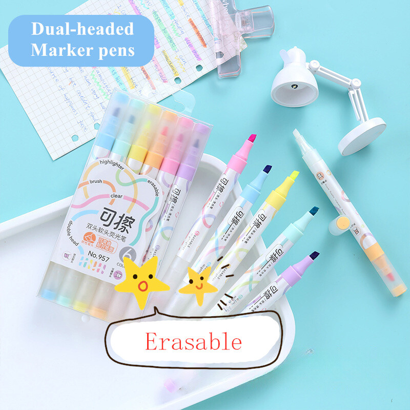 6 värvi komplekt Kawaii kustutatavad markerid kahe peaga märkme tegemiseks Allajoonitud 4 mm paksused markerid fluorestseeruvad märkmepliiatsid