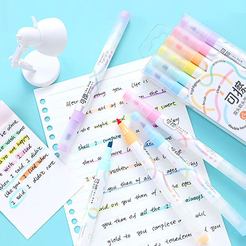 6 värvi komplekt Kawaii kustutatavad markerid kahe peaga märkme tegemiseks Allajoonitud 4 mm paksused markerid fluorestseeruvad märkmepliiatsid