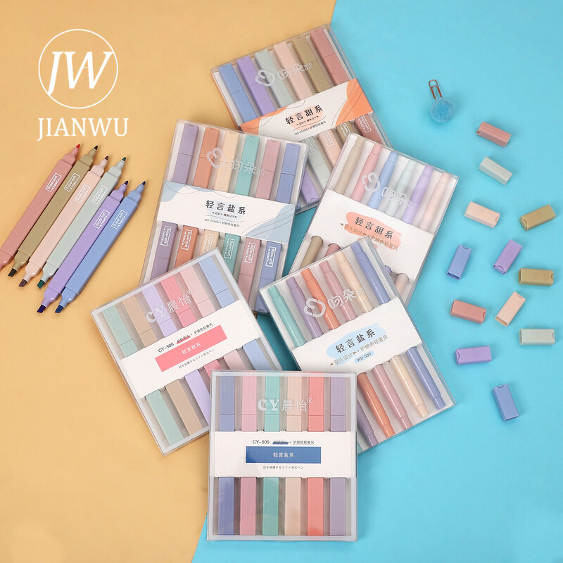JIANWU 6 bucăți/set pix pentru evidențiere cu cap dublu cu vârf moale, culoare deschisă, kawaii, marker, stilou fluorescent, pentru album de album, articole de papetărie pentru pictură