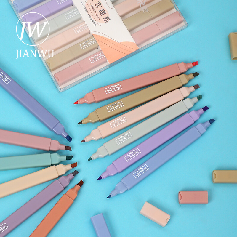 JIANWU 6 bucăți/set pix pentru evidențiere cu cap dublu cu vârf moale, culoare deschisă, kawaii, marker, stilou fluorescent, pentru album de album, articole de papetărie pentru pictură
