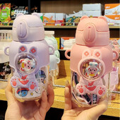 Sticlă de apă pentru copii din desene animate de 600 ml, ceașcă de apă din plastic cu paie pentru copii, pahar de băut în aer liber rezistent la scurgeri