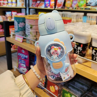 Sticlă de apă pentru copii din desene animate de 600 ml, ceașcă de apă din plastic cu paie pentru copii, pahar de băut în aer liber rezistent la scurgeri