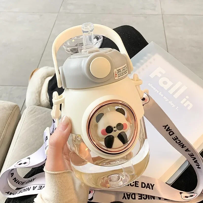 Aranyos gyerek vizes palackok szívószállal lányoknak, 820 ml-es nagy űrtartalmú Kawaii rajzfilm diákiskola utazási vizes pohár