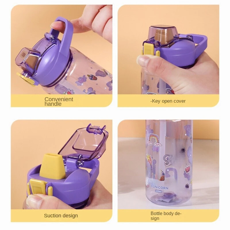 600 ml-es gyerekeknek szalma csésze vizes palackok Rajzfilm esésgátló vizes palack iskolába Hordozható műanyag vizespohár élelmiszer minőségű BPA mentes