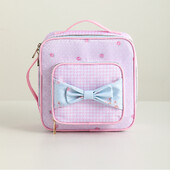 Geantă de prânz izolată din pânză florală cu buline roz carouri cu fundă albastră portabilă cu mâner, cu fermoar.