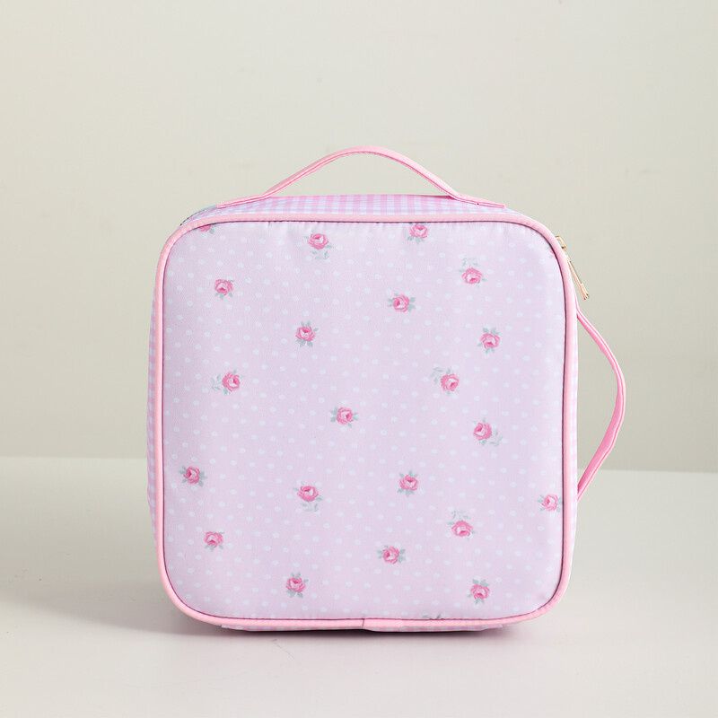Geantă de prânz izolată din pânză florală cu buline roz carouri cu fundă albastră portabilă cu mâner, cu fermoar.