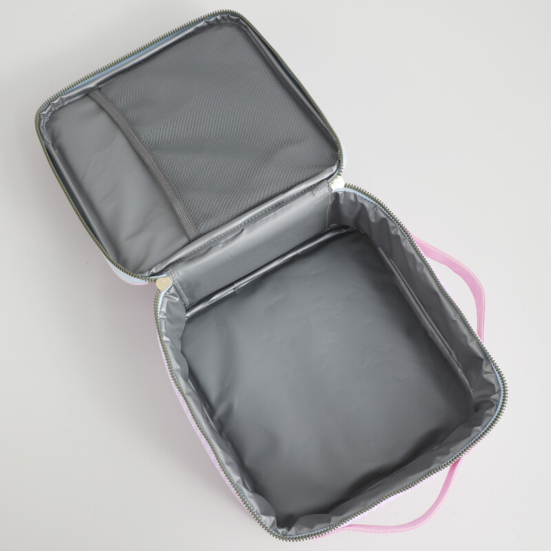 Geantă de prânz izolată din pânză florală cu buline roz carouri cu fundă albastră portabilă cu mâner, cu fermoar.