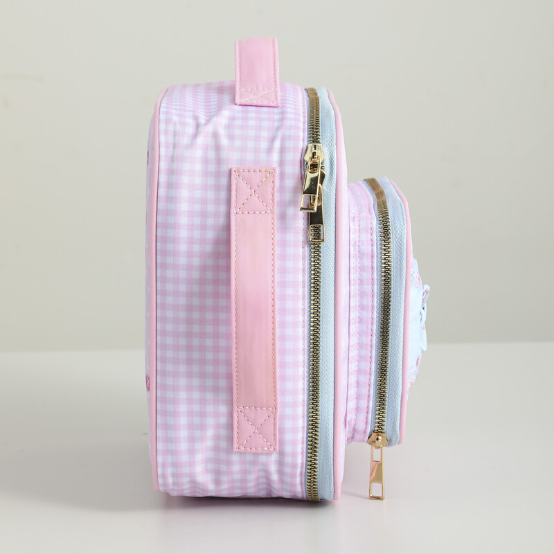 Geantă de prânz izolată din pânză florală cu buline roz carouri cu fundă albastră portabilă cu mâner, cu fermoar.