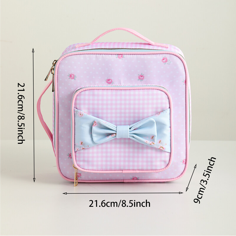 Geantă de prânz izolată din pânză florală cu buline roz carouri cu fundă albastră portabilă cu mâner, cu fermoar.