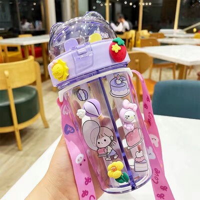 Slatka dječja boca za vodu od 420 ml Boca za vodu za piće sa slamčicom Prijenosna boca Studentski par Plastična čaša Poklon školarcima