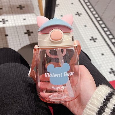 Sticla de apă pentru copii din desene animate de 550 ml cu paie pentru copii, fete, școală, pahar portabil de călătorie în aer liber, cadouri fără BPA