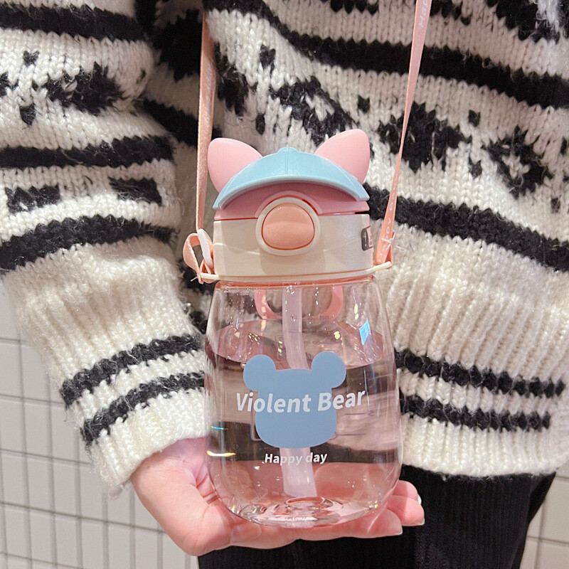 Sticla de apă pentru copii din desene animate de 550 ml cu paie pentru copii, fete, școală, pahar portabil de călătorie în aer liber, cadouri fără BPA