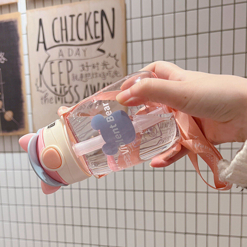 Sticla de apă pentru copii din desene animate de 550 ml cu paie pentru copii, fete, școală, pahar portabil de călătorie în aer liber, cadouri fără BPA