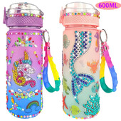 Sticla de apă cu unicorn de 600 ml, autocolante cu diamante cu sclipici pentru copii, decorați vase de băuturi, sticla de apă pentru școală pentru fete și copii