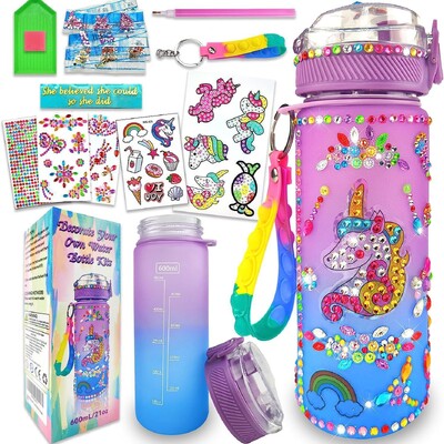Sticla de apă cu unicorn de 600 ml, autocolante cu diamante cu sclipici pentru copii, decorați vase de băuturi, sticla de apă pentru școală pentru fete și copii