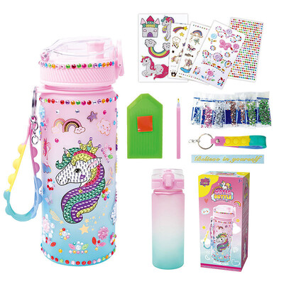Sticla de apă cu unicorn de 600 ml, autocolante cu diamante cu sclipici pentru copii, decorați vase de băuturi, sticla de apă pentru școală pentru fete și copii
