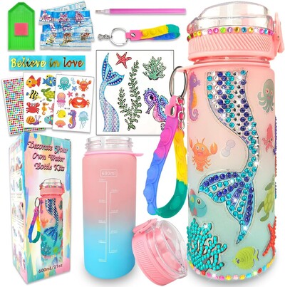 Sticla de apă cu unicorn de 600 ml, autocolante cu diamante cu sclipici pentru copii, decorați vase de băuturi, sticla de apă pentru școală pentru fete și copii