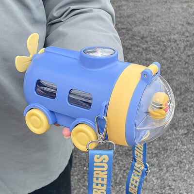 Sticlă de plastic drăguță de desene animate de 550 ml cu paie, submarin de capacitate mare pentru copii, ceașcă cu apă tritan, sticlă de apă pentru școală de grădiniță