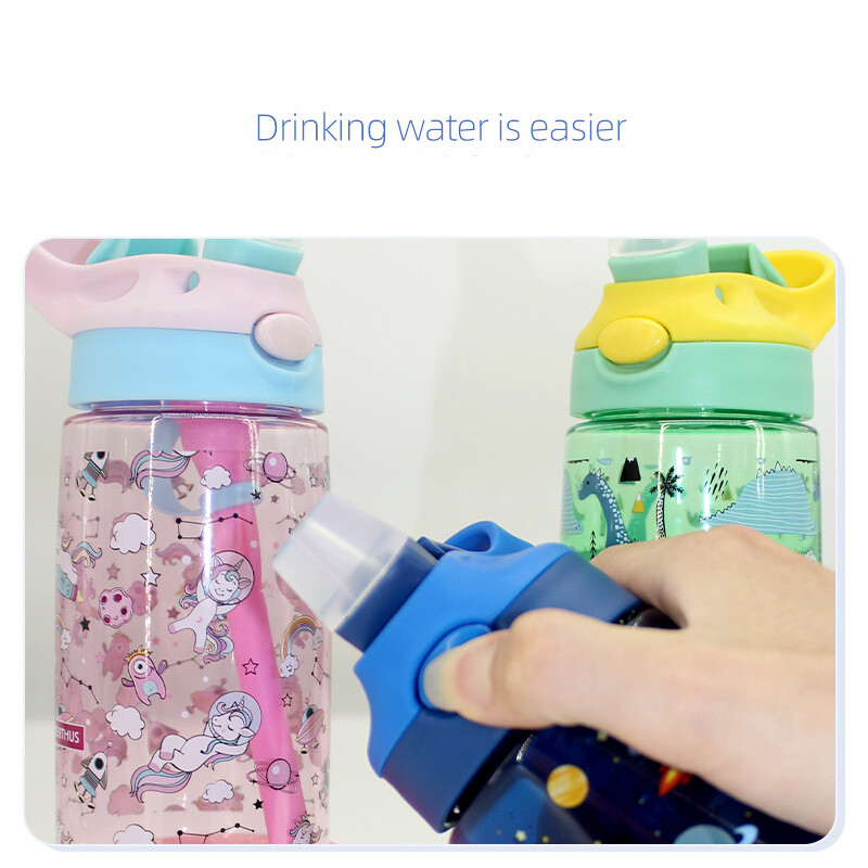 Sticlă de apă Tritan pentru copii, sticle de băut pentru școală, unicorn, dinozaur, cu paie, animale drăguțe, ceașcă în aer liber rezistentă la scurgeri