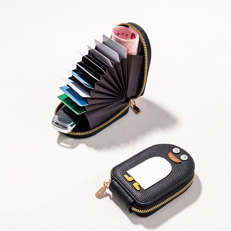 Portofel pentru femei din piele PU autentică Suport carduri de credit Geanta de buzunar cu fermoar Femei cu mai multe carduri Suport carduri drăguț în formă de pinguin Poșeta pentru monede