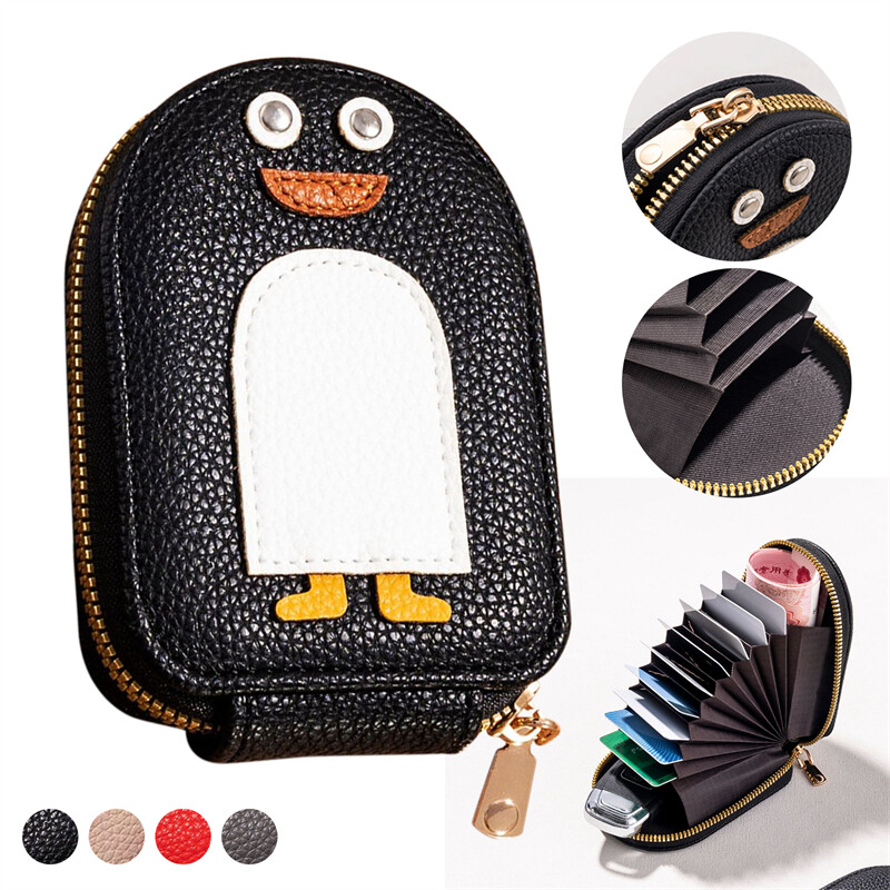 Portofel pentru femei din piele PU autentică Suport carduri de credit Geanta de buzunar cu fermoar Femei cu mai multe carduri Suport carduri drăguț în formă de pinguin Poșeta pentru monede