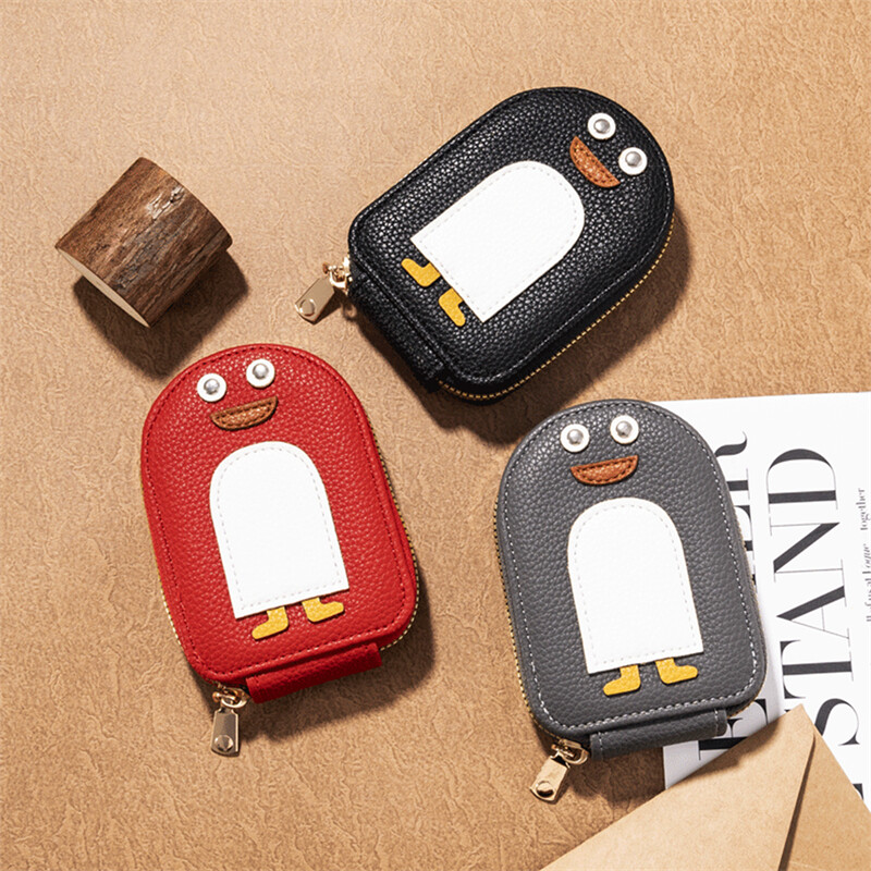 Portofel pentru femei din piele PU autentică Suport carduri de credit Geanta de buzunar cu fermoar Femei cu mai multe carduri Suport carduri drăguț în formă de pinguin Poșeta pentru monede