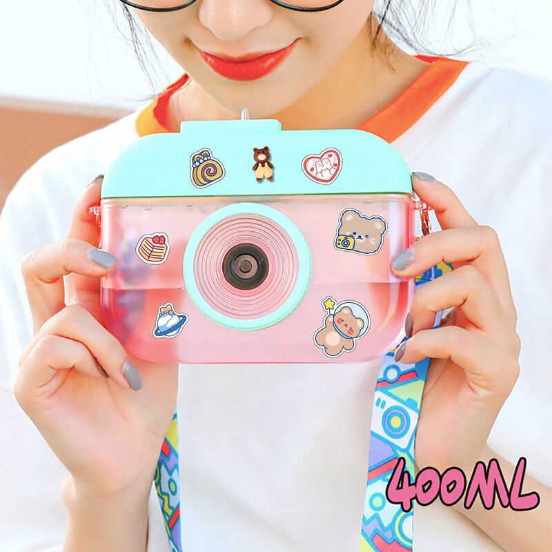 Sticlă de apă Kawaii de 400 ml, ceașcă cu paie pentru fete, cameră creativă, sticla de băut, curea de umăr reglabilă, sticla de apă potabilă