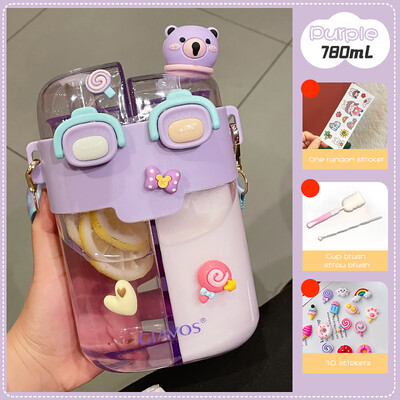 780 ml laste veepudel õlgedest poolitatud sektsiooniga topelt joogitops kooli/kodu jaoks Multifilmi lekkekindel kruus, kaasaskantav tass