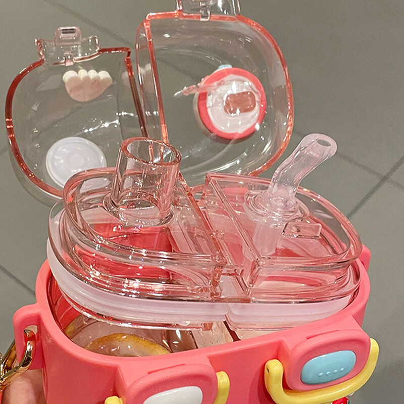 780 ml laste veepudel õlgedest poolitatud sektsiooniga topelt joogitops kooli/kodu jaoks Multifilmi lekkekindel kruus, kaasaskantav tass