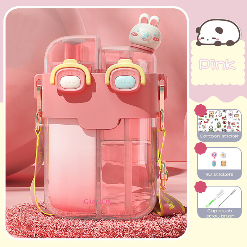 780 ml laste veepudel õlgedest poolitatud sektsiooniga topelt joogitops kooli/kodu jaoks Multifilmi lekkekindel kruus, kaasaskantav tass