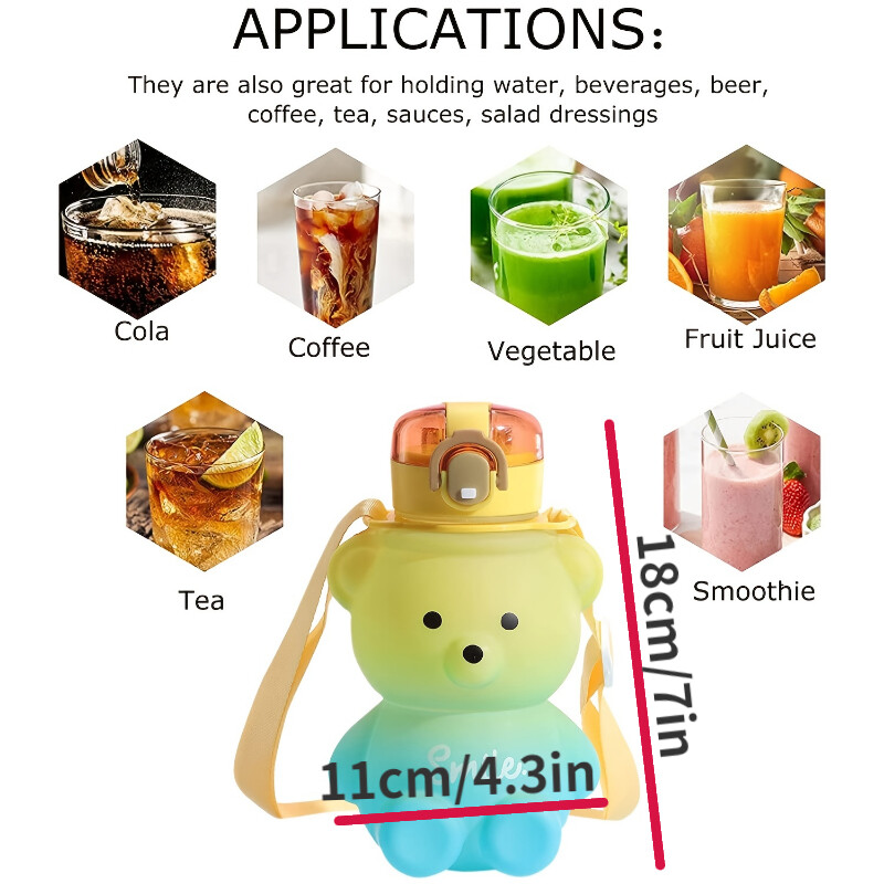 Sticlă de apă cu paie 22 oz/650 ml fără BPA Sticle portabile de băut cu urs drăguț, fără scurgeri, cu curea, pentru călătorii școlare pentru fete