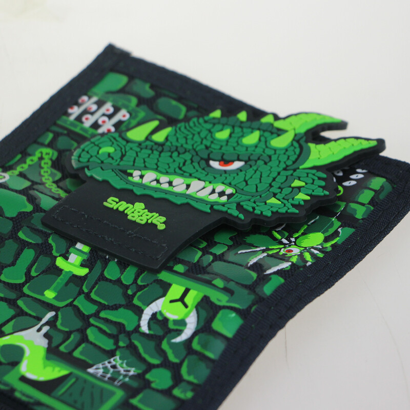 Australia Smiggle Portofel original pentru copii Poșetă pentru băieți, verde rece, cu dragon primitiv, portmoneu, suport pentru carduri pentru copii, genți cu trei ori