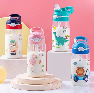 450ml Dinosaur Children`s Water Bottle With Straw for Kids School Kids Cup BPA Free Leakproof Plastic Boys girls Water Bottles