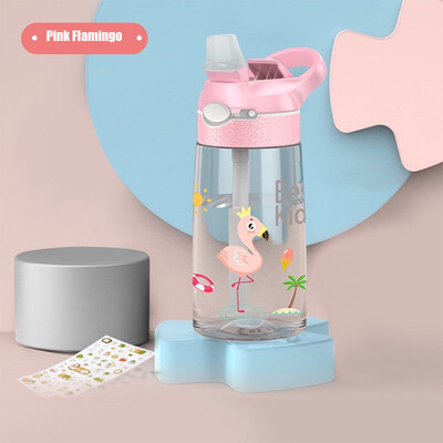 Sticle de apă pentru copii din dinozaur de 450 ml cu paie pentru copii, școală, cană pentru copii, fără BPA, sticle de apă din plastic rezistente la scurgeri pentru fete