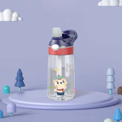 Sticle de apă pentru copii din dinozaur de 450 ml cu paie pentru copii, școală, cană pentru copii, fără BPA, sticle de apă din plastic rezistente la scurgeri pentru fete