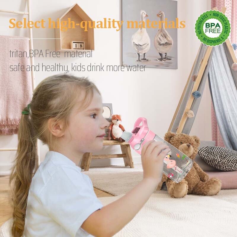 Sticle de apă pentru copii din dinozaur de 450 ml cu paie pentru copii, școală, cană pentru copii, fără BPA, sticle de apă din plastic rezistente la scurgeri pentru fete