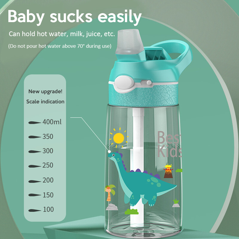 Sticle de apă pentru copii din dinozaur de 450 ml cu paie pentru copii, școală, cană pentru copii, fără BPA, sticle de apă din plastic rezistente la scurgeri pentru fete
