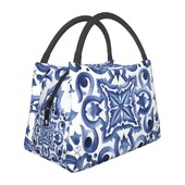 Sinine ehitud lilleline Vahemere Sitsiilia plaatidest lõunakotid isoleeritud Bento Box kaasaskantav lõunakott naiste laste koolile