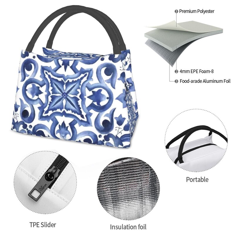 Sinine ehitud lilleline Vahemere Sitsiilia plaatidest lõunakotid isoleeritud Bento Box kaasaskantav lõunakott naiste laste koolile