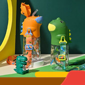 560 ml karbist dinosauruse õlgedest veepudel lastele koos rihmadega Tritan Bpa, purunemiskindel Kawaii lapsekõrvits kooli jaoks