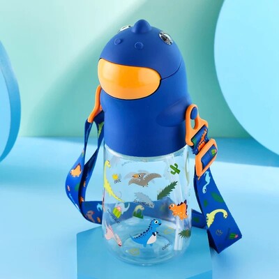 560 ml karbist dinosauruse õlgedest veepudel lastele koos rihmadega Tritan Bpa, purunemiskindel Kawaii lapsekõrvits kooli jaoks