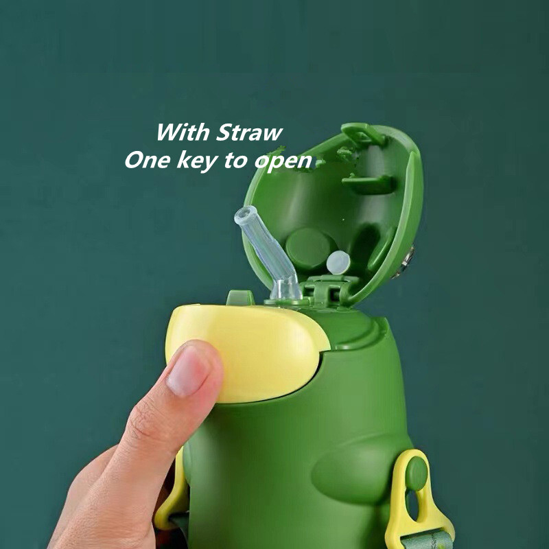 560 ml karbist dinosauruse õlgedest veepudel lastele koos rihmadega Tritan Bpa, purunemiskindel Kawaii lapsekõrvits kooli jaoks