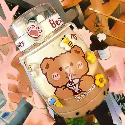 Kawaii Jumbo Bear veepudel lastele Tüdrukutele Kooli armas plastikust reisipiima-tee mahl Kaasaskantav kõrvits õlgedega 3D kleebis