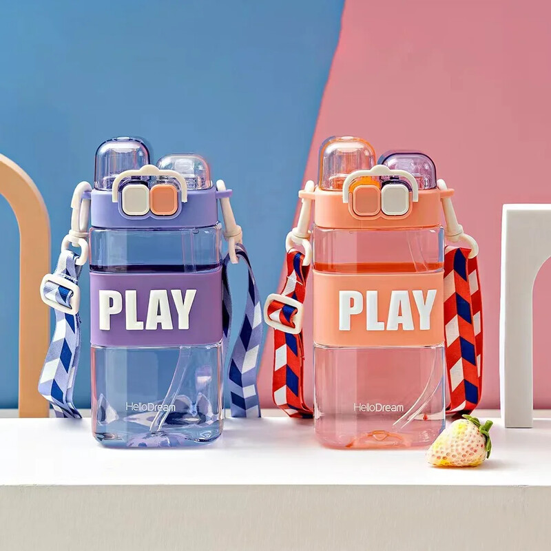 430 ml Copii drăguți Sticlă dublă de apă potabilă Paie Sticlă portabilă Student Cuplu Cupă Plastic Cadou școală Copii