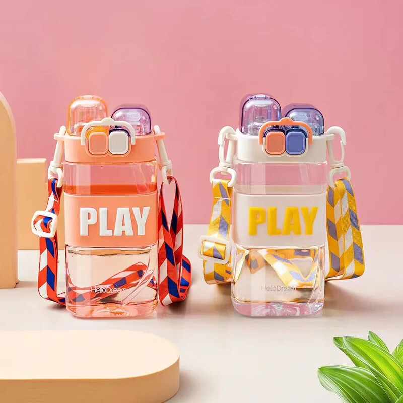 430 ml Copii drăguți Sticlă dublă de apă potabilă Paie Sticlă portabilă Student Cuplu Cupă Plastic Cadou școală Copii