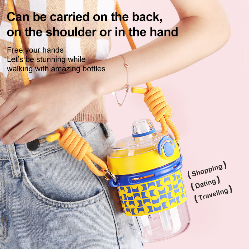Sticla de apă nouă pentru copii, cu paie, curea de umăr portabilă rezistentă la scurgeri, ceașcă de apă potabilă pentru sporturi școlare, sticlă fără BPA