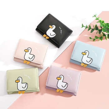 Creative Cartoon Luck Duck Design Дамски портфейл PU кожен държач за банкова карта Kawaii Портфейли с късо сгъване Щипка за пари Дамски портмонета