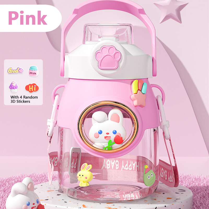 Armsad laste veepudelid õlgedega tüdrukutele, 850 ml, suure mahutavusega Kawaii multikas õpilaste kooli reisivee tass