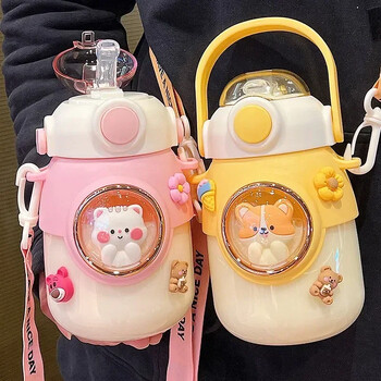 1 τεμ 820ml Cartoon Water Cup with Straw Summer μεγάλης χωρητικότητας Kawaii Student School Travel Bottles Water Portable Plastic Bottle