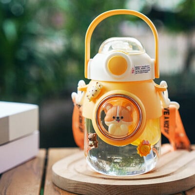 1 bucată 820 ml ceașcă de apă de desene animate cu paie de vară de capacitate mare sticle de apă de călătorie pentru studenți kawaii, ceainic portabil din plastic